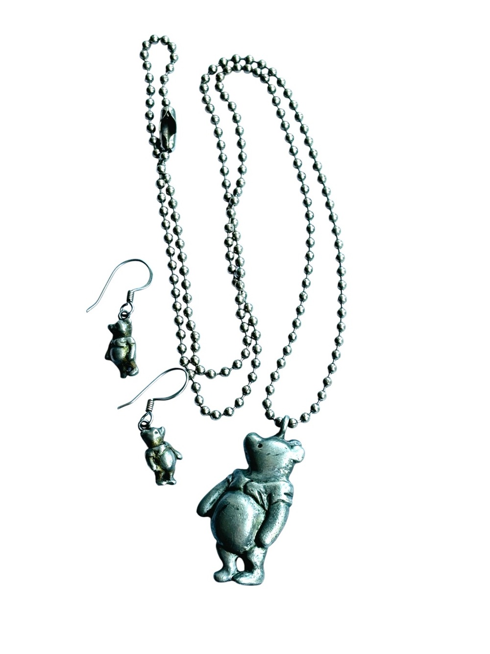 Disney Signed Winnie the Pooh Necklace & Earrings Set Pewter Tone Vintage